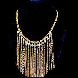 Stunning Gold and Rhinestone fringe costume necklace 16 in w/  2 in extension.